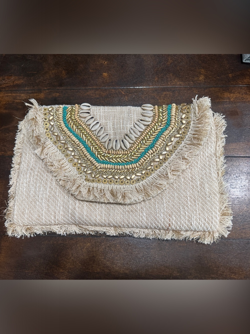 Antik Kraft Beaded Shell Fringe Clutch in Natural, Teal & Gold like new